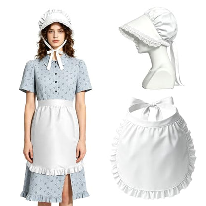 2Pcs Women Vintage Colonial Costume Accessory Set, White Bonnet & Waist Apron, Pioneer Amish Pilgrim Cosplay Outfit for Adult Halloween Renaissance Fair