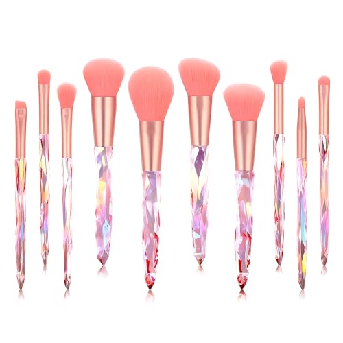 Kingtree Makeup Brushes, 10PCS Pink Crystal Makeup Brush Set Premium Synthetic Foundation Powder Concealer Eyeshadow Makeup Brush Kit, Professional Make Up Brush Set for Girls and Ladies - color: Pink