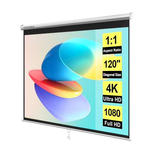 VIVOHOME 120 Inch 1:1 Pull Down Projector Screen, White | Manual Retractable 4K Projection Screen for Home Theater, Roll Up ALR Movie Screen for Ceiling and Wall Mount - color: White, size: 120" Diagonal (1:1)