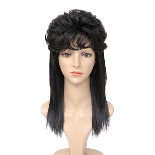 Adequate Women's Black Mullet Wig 80s 90s Costumes Fancy Party wig Joe Dirt Emo Halloween Cosplay Wigs (Black) - color: B-Black