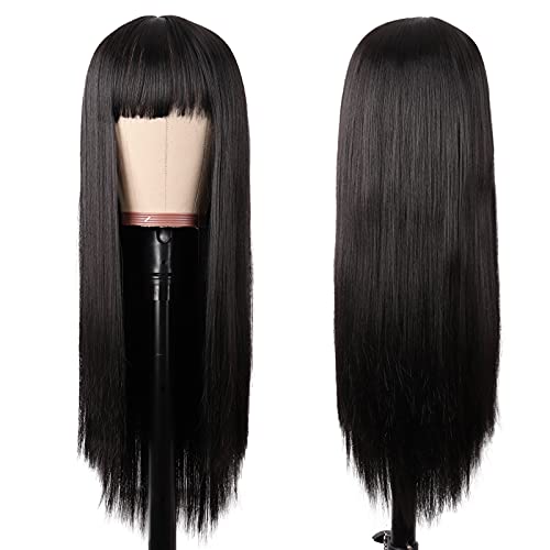 MapofBeauty 24 Inch Long Straight Flat Bangs Party Cosplay Wig, Black | 60 cm Synthetic Hair Wig, Heat Resistant, Women - color: Black