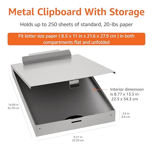 Amazon Basics Metal Clipboard with 2 Storage Compartments, Letter Size, 250 Sheet Capacity, Office Supplies with Self-Closing Latch, 14.1 x 9.2 x 2.6 inches, Silver