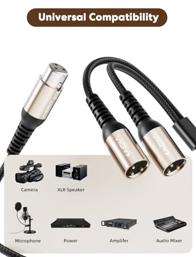 VIOY XLR Y Splitter Cable 6.6FT, 3Pin Balanced 1 Female to 2 Male Mic Cord | 3-pin shielding XLR splitter, self-locking XLR plug, aluminum shell, nylon braided cord for studio recording and podcast use - size: 6.6FT