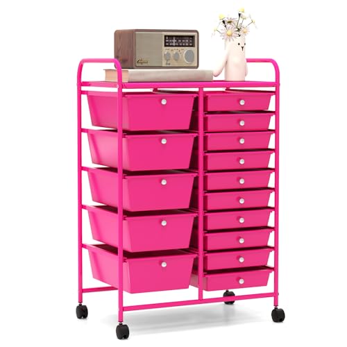 HAPPYGRILL 15-Drawer Rolling Cart, Storage Carts with Removable Drawers & Steel Frame, Utility Cart on Lockable Wheels for Home, School, Office (Hot Pink) - color: Hot Pink, size: 15 Drawer