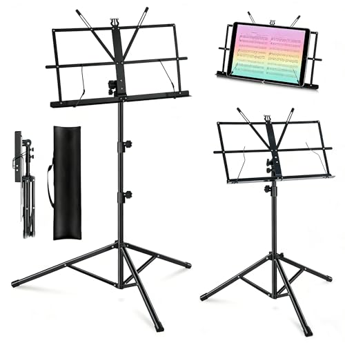 MOSEN Sheet Music Stand, Heavy Duty Adjustable Tripod, Quick Fold Black | Carry Bag, Clip Holder & Book Holder Included, Ideal for Home Practice, Band Rehearsal and Stage Use, Lightweight & Portable - color: Black