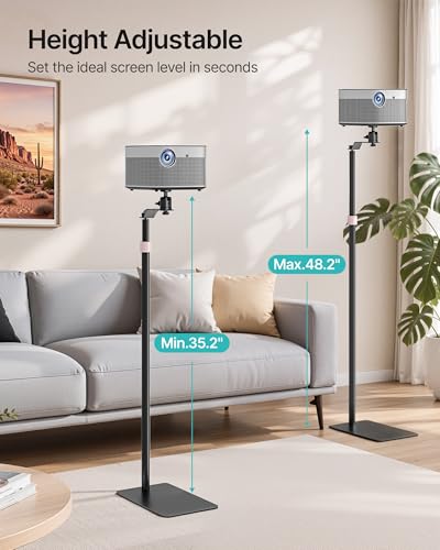 Projector Floor Stand Adjustable Mount Steel Base 35"-48"Heavy-Duty | 1/4'' Screw, Supports Projector & Camera, For Home Office Outdoor, Height Adjustable Range 35"-48", Stable Steel Base