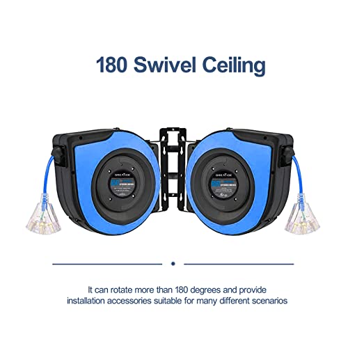 접이식 연장 코드 릴, 2.7m(65피트) 12 AWG/3C SJTOW 튼튼한 전원 코드, 15AMP 회로 차단기, 3개의 조명 트리플 콘센트, 천장 또는 벽 마운트 아빠를 위한 선물 - color: 블루&블랙.