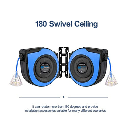 접이식 연장 코드 릴, 2.7m(65피트) 12 AWG/3C SJTOW 튼튼한 전원 코드, 15AMP 회로 차단기, 3개의 조명 트리플 콘센트, 천장 또는 벽 마운트 아빠를 위한 선물 - color: 블루&블랙.