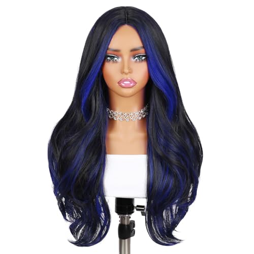 Quantum Love Long Curly Blue Wig for Women 28 Inch Long Wavy Wigs Black Mix Blue Natural Looking Synthetic Fashion Color Hair for Cosplay Halloween Daily - color: Mix Blue