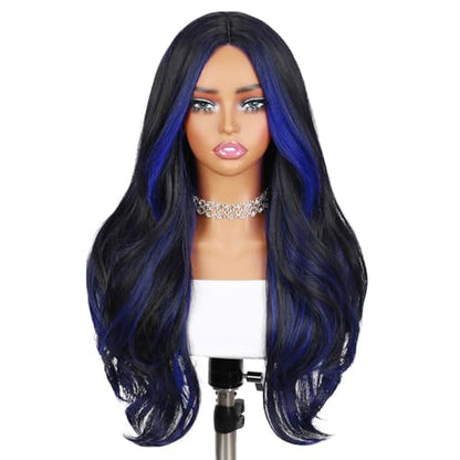 Quantum Love Long Curly Blue Wig for Women 28 Inch Long Wavy Wigs Black Mix Blue Natural Looking Synthetic Fashion Color Hair for Cosplay Halloween Daily - color: Mix Blue