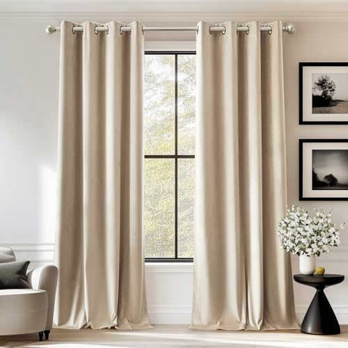 jinchan Velvet Curtain for Living Room，Thermal Insulated Luxury Bedroom Drape 108 Inch Long, Soft Privacy Curtain, Room Darkening Extra Long Window Ring Top Treatment Grommet 1 Panel, Cream Beige - color: Grommet | Cream Beige, size: 52"W x 108"L (Pack of