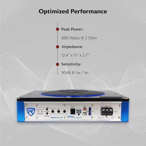 Rockville RW8CA 8" Low Profile Under-Seat Active Powered Car Subwoofer | 150W RMS/600W Peak, Bass Knob Included, Sealed Enclosure, 2.7" Slim, Auto Turn-On, Adjustable Low-Pass Filter, RCA Input - style: 8 Inch