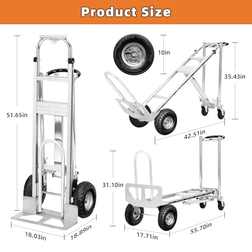 Aluminum 4 in 1 Convertible Hand Truck Dolly, 1000Lbs Capacity, Heavy Duty Folding Hand Truck Dolly Cart with Wheels 10" All-Terrain Tires, Hand Trucks for Logistics, Home, Office, School, Silver - color: Silver