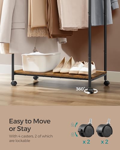 SONGMICS Clothes Rack with Wheels, Steel Garment Rack with Shelf | Clothing Rack for Hanging Clothes, 38.8 Inches, Loads up to 220 lb, Black and Rustic Brown, COLTEN Collection UHSR152B01 - color: Black, style: Double Rod