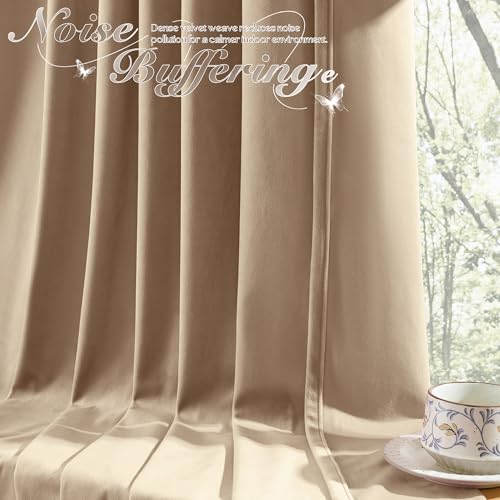 Manyshofu Khaki Velvet Curtains, 2 Panels Blackout 52x84 | Luxurious Velvet Feel, Thermal Insulated Noise Reducing, Dual Back Tab And Rod Pocket Hanging, Machine Wash Fade-Resistant - color: Beige, size: 52"W x 84"L (Pack of 2)