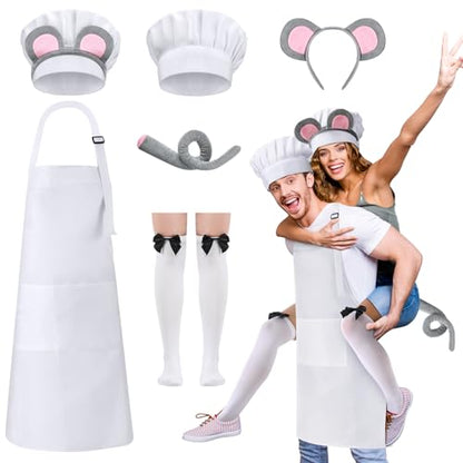 Ramede 6 Pcs Halloween Mouse Couple Chef Costume Accessories for Adult Include Mouse Headband Tail Bow Socks Adjustable Chef Hat Apron for Women Men Halloween Cosplay Party Dress Up