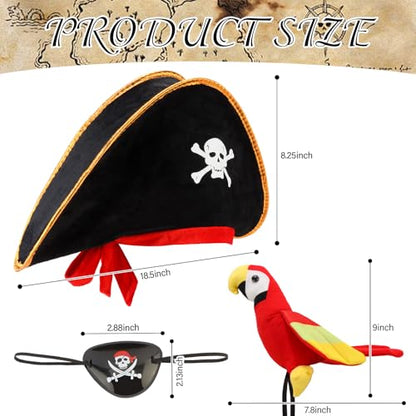CUBACO Pirate Hat Costume for Cospaly, 3PCS Captain Hat Set Parrot Costume Adult Eye Patch Pirate Accessories Gift for Women Men Halloween School Shows and Theater Performance