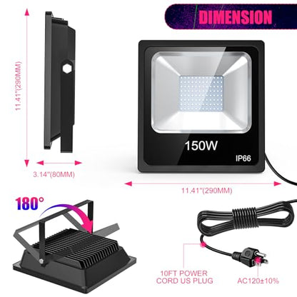 150W LED Black Light with Glow Tapes, 410nm UV Flood Lights with 10ft Cable & Plug, IP66 Waterproof, for Halloween Glow Party, Stage, Aquarium, Body Paint, Fluorescent Poster, 120V