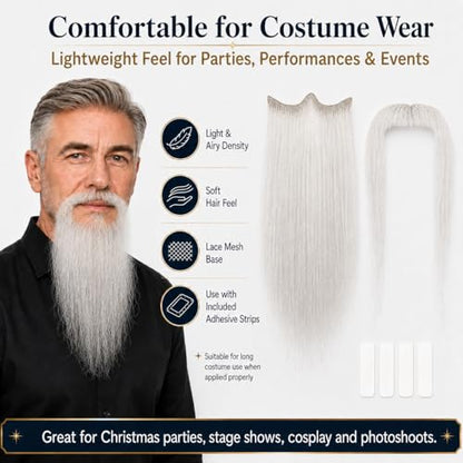 Hand-Tied Human Hair Fake Beard and Mustache for Costumes and Theater | Hand-knotted human hair on lightweight lace creates natural-looking facial hair for costumes, cosplay, theater and film - color: Style 5--white