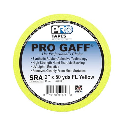 2" Pro Gaff Gaffers Tape 50 yards length fluorescent yellow matte. Premium Heavy-Duty Gaffers Tape trusted by professional Gaffers. Made in the USA. Holds Tight, Easy to remove. (Pack of 24)