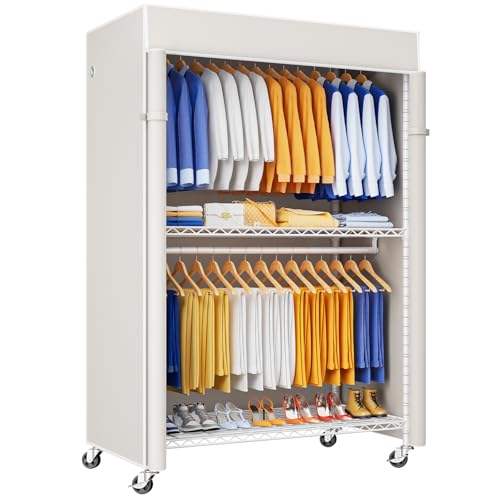 ULIFHOME P8C Pro Heavy Duty Clothes Rack（With Extended Width Design） Rolling Clothing Racks for Hanging Clothes with Lockable Wheels，42" W x 15.8" D x 80.5" H，Load 700LBS，White Rack with White Cover - color: White Rack with White Cover, size: P8C Pro