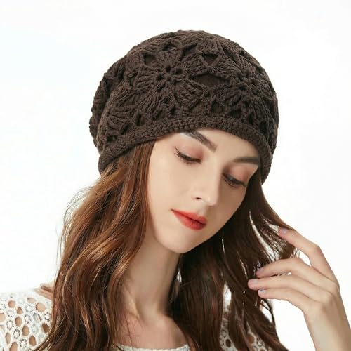 ZLYC Women Cotton Crochet Slouchy Beanie Hat Handmade Knit Summer Skull Cap | Lightweight breathable,boho casual chic look,travel photos festival party,café commute daily wear,beach concert gathering - color: Crochet Brown