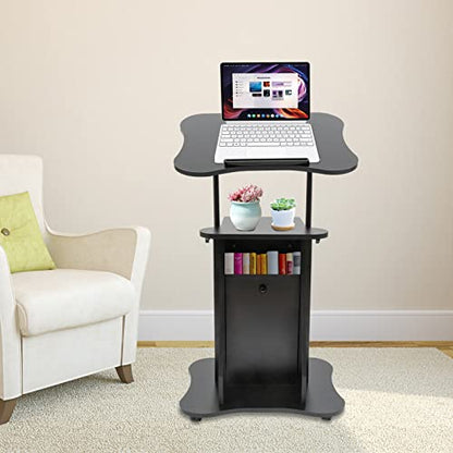 Mobile Laptop Podium, Height Adjustable Sit to Stand Desk with Tilting Desktop & Storage Cabinet, Ergonomic Rolling Lectern Cart Laptop Desk, Office Podium Stand on Wheels (1 Set: with Sliding Door)