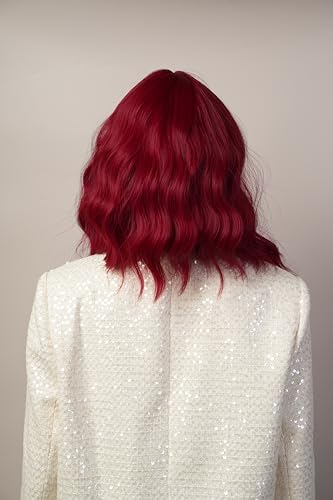 Wine Red Wig with Bangs Short Curly Wavy Bob Wig for Women Heat Resistant Fiber Synthetic Wig Natural Looking Daily Cosplay Party 16 Inches - color: Red