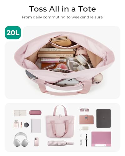 BAGSMART Tote Bag for Women, Foldable Tote Bag With Zipper Travel Shoulder Bag Handbag for Work - color: Baby Pink