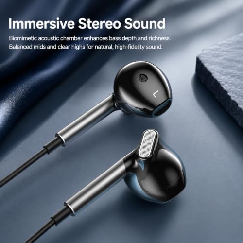 Kamon K66 USB C DAC Earbuds, 14.2mm Dynamic Driver, HD Microphone, 3-Button Volume Control, Semi in-Ear Wired Earphones for iPhone 17/16/15, Samsung Galaxy, Pixel and iPad 1 Pack - color: Black