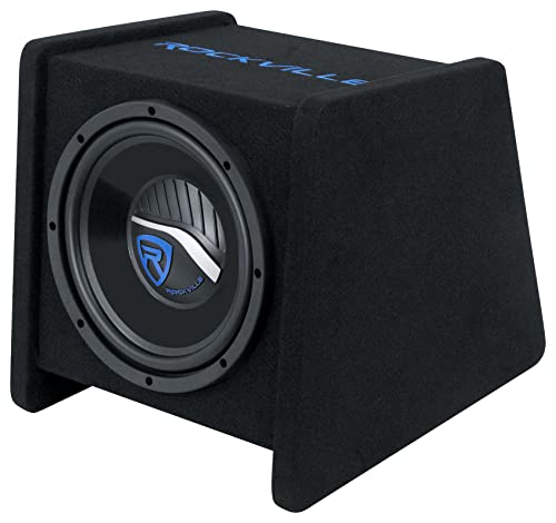 Rockville RV10P 10" Car Audio Subwoofer in Vented Enclosure Box, 4 Ohm | 500W Peak / 250W RMS, Polypropylene Cone, Aluminum Voice Coil, Bass Reflex Aero-Port, 15 Degree Angle, 98dB SPL - style: Single 10"