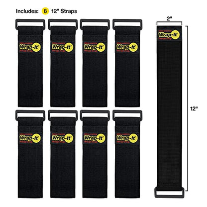 Super-Stretch Wrap-It Storage Straps - 12" (8 Pack) - Elastic Hook and Loop Cinch Straps | Elastic Hook and Loop Cinch Straps - color: Black, size: 12" (8 Pack)