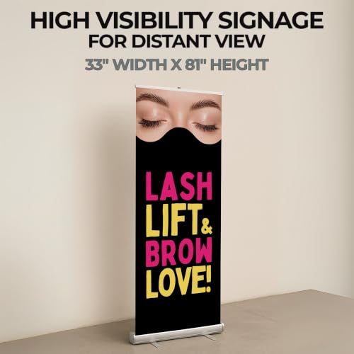 DreamController Lashes & Brows Retractable Stand Banner by DC | 33"x81" Roll-Up Display | Lash Lift Brow Love Vertical Pull-Up Banner for Trade Shows & Events | Made in USA | (Stand Not Included) - color: Lash Lift Brow Love, size: Retractable Banner - 33