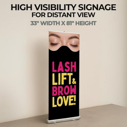 DreamController Lashes & Brows Retractable Stand Banner by DC | 33"x81" Roll-Up Display | Lash Lift Brow Love Vertical Pull-Up Banner for Trade Shows & Events | Made in USA | (Stand Not Included) - color: Lash Lift Brow Love, size: Retractable Banner - 33