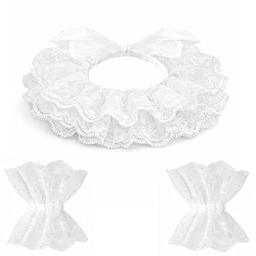 Clown Collar and Cuffs Set, White Black Lace Neck Ruffle Collar, Detachable Clown Costume Accessories - color: White and Black