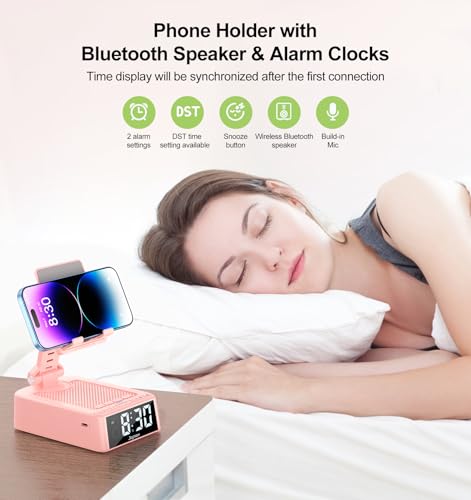 Gifts for Women Girls, Phone Stand with Bluetooth Speaker 360°Rotable Angle | Phone Holder for Desk/ HD Subwoofer Sound/ Fits Smart Phones/Alarm Clocks - color: Pink