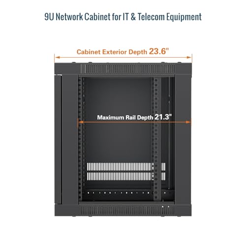 Tecmojo 9U Wall Mount Rack Cabinet, Heavy-Duty 176 Lbs High Load Capacity, 19” Enclosed Server Network Rack with 2 Colling Fans,Glass Door, 23.6” Deep – Elite Collection - size: 9U/23.6in Depth/Glass Door