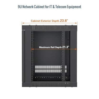 Tecmojo 9U Wall Mount Rack Cabinet, Heavy-Duty 176 Lbs High Load Capacity, 19” Enclosed Server Network Rack with 2 Colling Fans,Glass Door, 23.6” Deep – Elite Collection - size: 9U/23.6in Depth/Glass Door