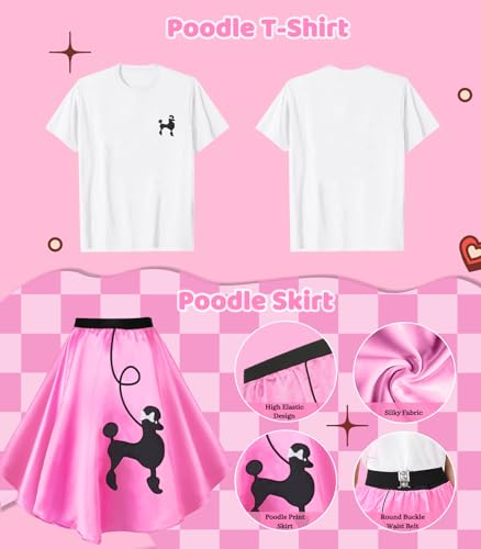 1950s Poodle Skirt Outfit Women 50s Sock Hop Costume T Shirt Accessories - color: Pink, size: Small