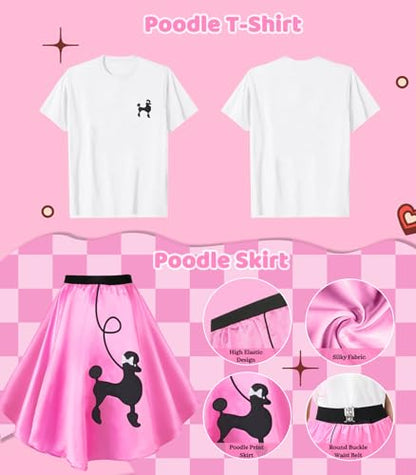 1950s Poodle Skirt Outfit Women 50s Sock Hop Costume T Shirt Accessories - color: Pink, size: Small