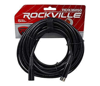 Rockville RDX3M50 50' 3-Pin DMX Lighting Cable, Female to Male, 100% OFC | Copper Conductors, Nickel Plated, 120 Ohm, XLR Connectors, Strain Relief, Hi-Density Braided Shield, EMI/RFI Rejection - size: 50 Foot