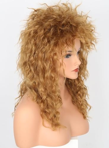 80s Rock Diva Wig Dirty Gold Fluffy Big Roll Mullet Wigs for Man or Woman Halloween Party Costume Cosplay Wig - color: Golden/Brown