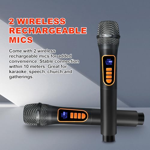 Karaoke Machine with 2 Wireless Microphones, Portable Bluetooth Speaker for Adults & Kids, Bass & Treble Adjustment, PA System Supports TF Card/USB/FM/AUX for Home Party, Indoor and Outdoor - size: 2 Mics