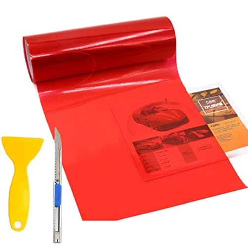 KOMAS 12” X 48” Tint Vinyl Film Sticker Sheet Roll for Car Headlight, Tail Lights, Fog Lights with Squeegee + Cutter (Glossy Red) - color: Glossy Red