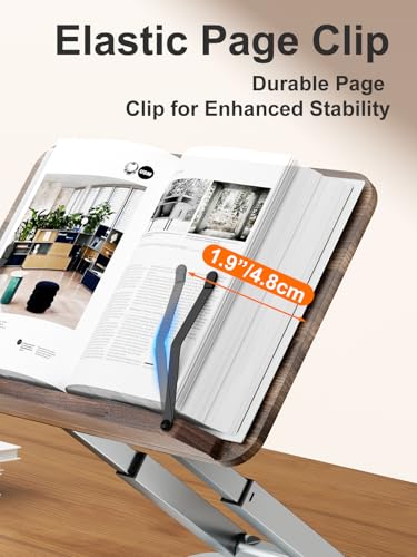 Tounee Book Stand for Reading, Telescopic Book Holder, Adjustable Height Pull Out Design Ergonomic Cookbook Stand with Elastic Page Clips Fits All Books - color: Silver