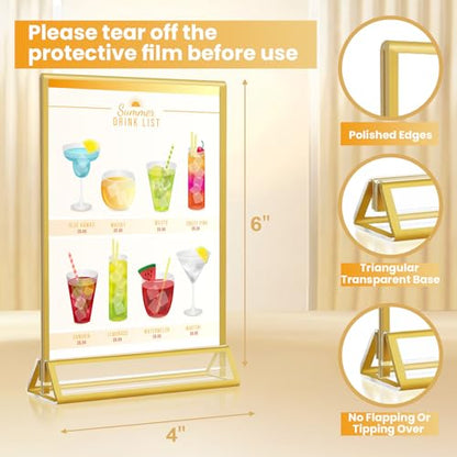 4x6 Gold Acrylic Sign Holder, 12 Pack Wedding Table Number Holder Stands with Vertical Gold Borders, Double Sided Picture Frame Paper Stand, Clear Photo Display Menu Holder for Party, Home, Restaurant - color: Vertical-12 Pack-4 x 6