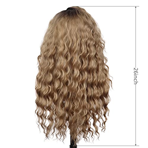 26 Inch Long Brown Curly Wigs for Women Black Roots Hairline 80s Retro Wig - color: Ombre Brown