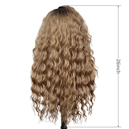 26 Inch Long Brown Curly Wigs for Women Black Roots Hairline 80s Retro Wig - color: Ombre Brown