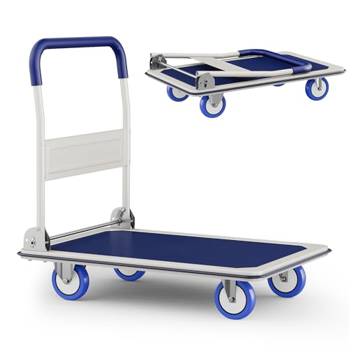 Foldable Push Cart Dolly | 660 lbs. Capacity | Heavy Duty Moving Platform Hand Truck with Swivel Wheels | Small Flatbed Cart | Space Saving Push Handle-b6 - color: Bluee-660 Lbs. Capacity