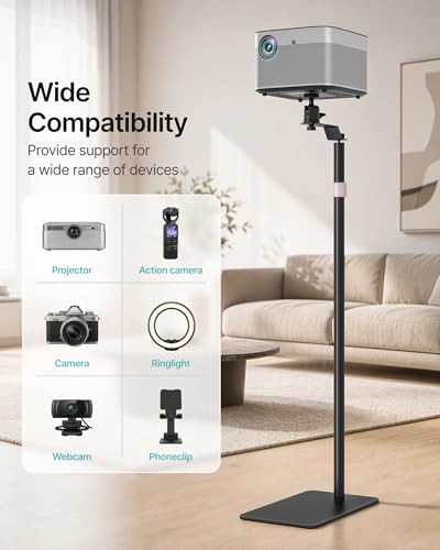 Projector Floor Stand Adjustable Mount Steel Base 35"-48"Heavy-Duty | 1/4'' Screw, Supports Projector & Camera, For Home Office Outdoor, Height Adjustable Range 35"-48", Stable Steel Base